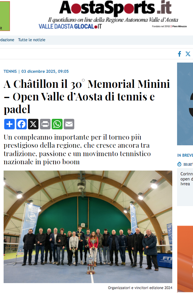 A Chatillon il 30° Memorial Minini - Open Valle d'Aosta di tennis e padel