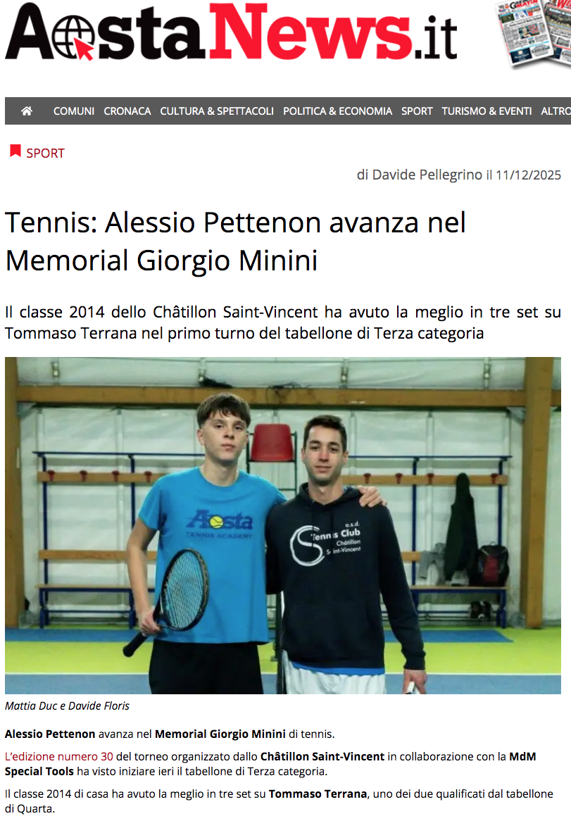 Tennis: Alessio Pettenon avanza nel Memorial Giorgio Minini